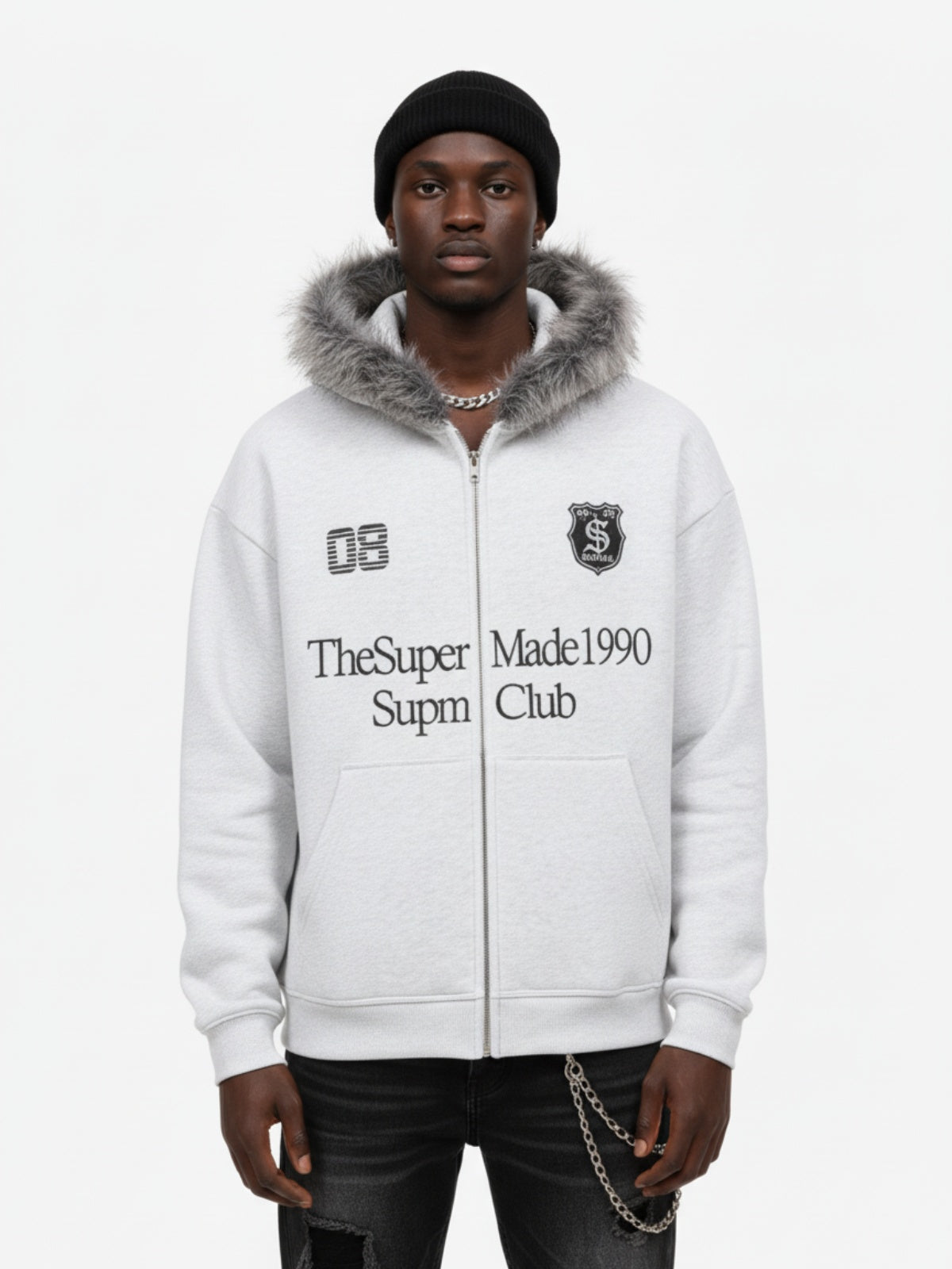 Letter Medal Embroidered Cardigan Fur Collar Zip Up Hoodie- 2502 