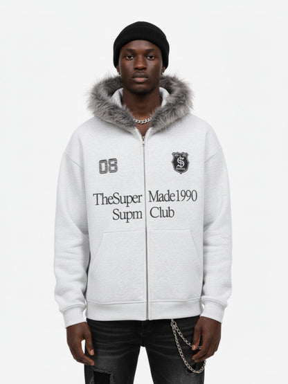 Letter Medal Embroidered Cardigan Fur Collar Zip Up Hoodie- 2502 