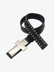 Cross Buckle Studded Black Leather Belt 