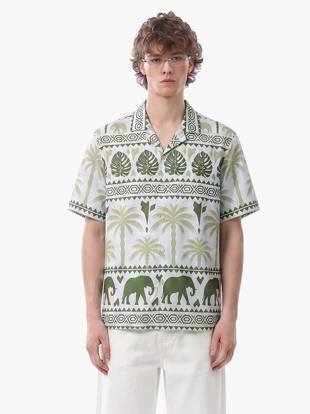 Tropical Elephant Palm Camp Collar Boxy Shirt 