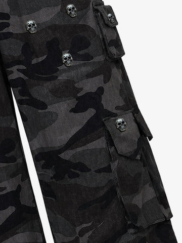 Dark Camo Cargo Pants with Skull Rivet Detail