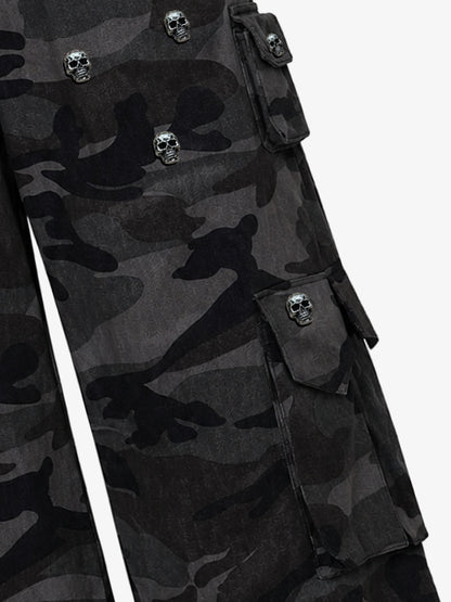 Dark Camo Cargo Pants with Skull Rivet Detail
