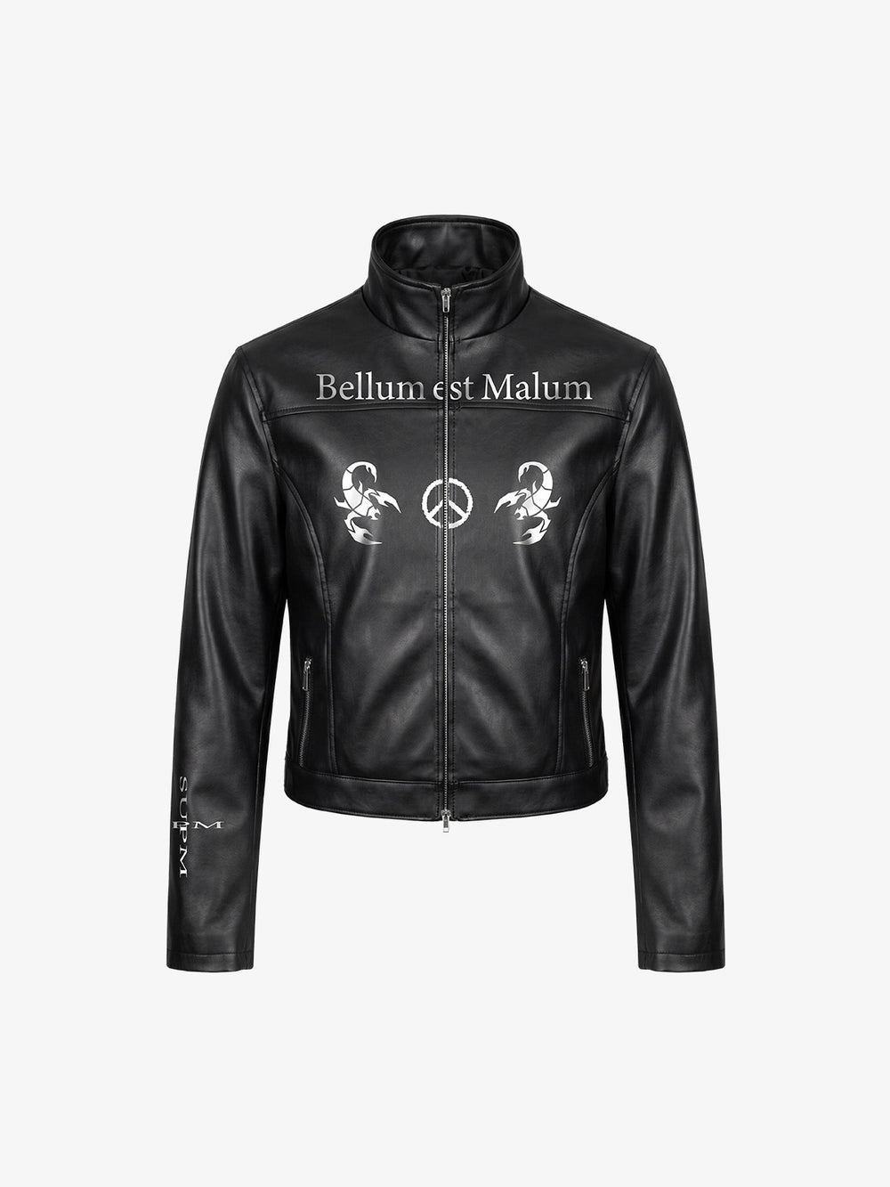 Graphic Stand-Collar Faux Leather Zip Jacket