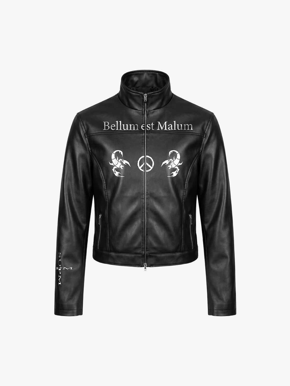 Graphic Stand-Collar Faux Leather Zip Jacket