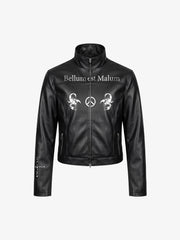 Graphic Stand-Collar Faux Leather Zip Jacket