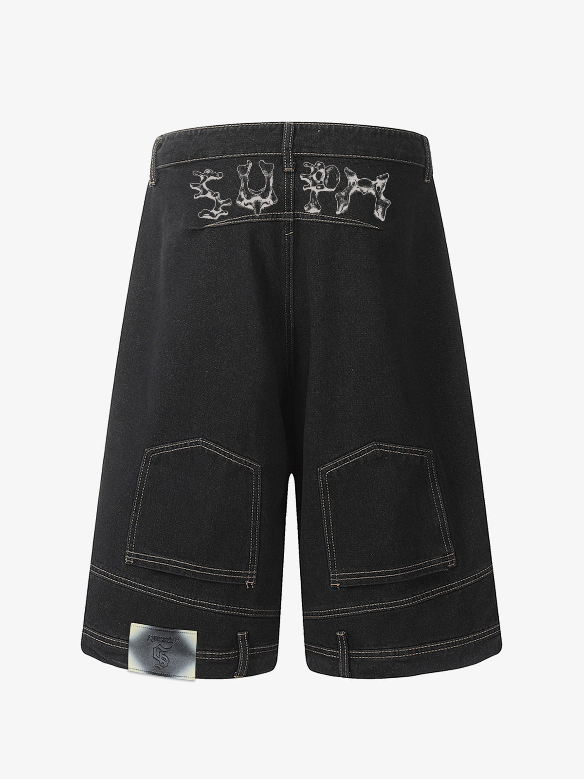 Denim Wide Leg Shorts with Skeleton Logo Embroidery and Patch Detail 