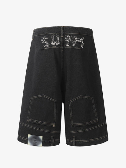 Denim Wide Leg Shorts with Skeleton Logo Embroidery and Patch Detail 