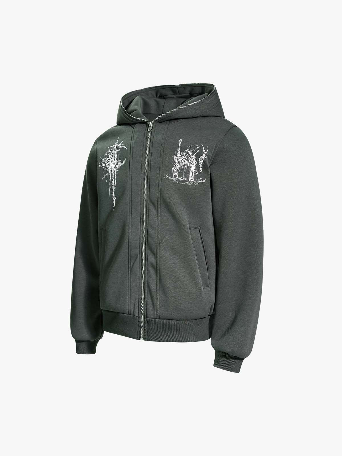 Stylish Hooded Zip-Up Jacket with Unique Graphic Design 