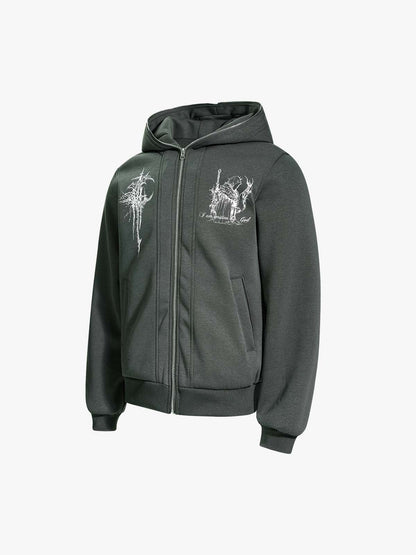 Stylish Hooded Zip-Up Jacket with Unique Graphic Design 