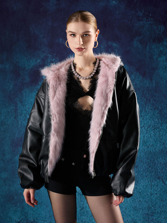 Leather Pink Fur Hooded Quilted Jacket - 2535 