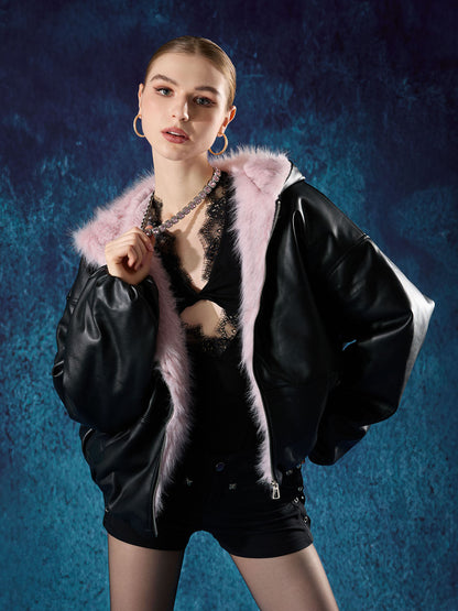 Leather Pink Fur Hooded Quilted Jacket - 2535 
