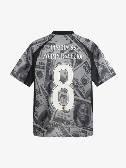 Cotton Blend Money Print V-Neck T-Shirt with Supermade Logo Design 