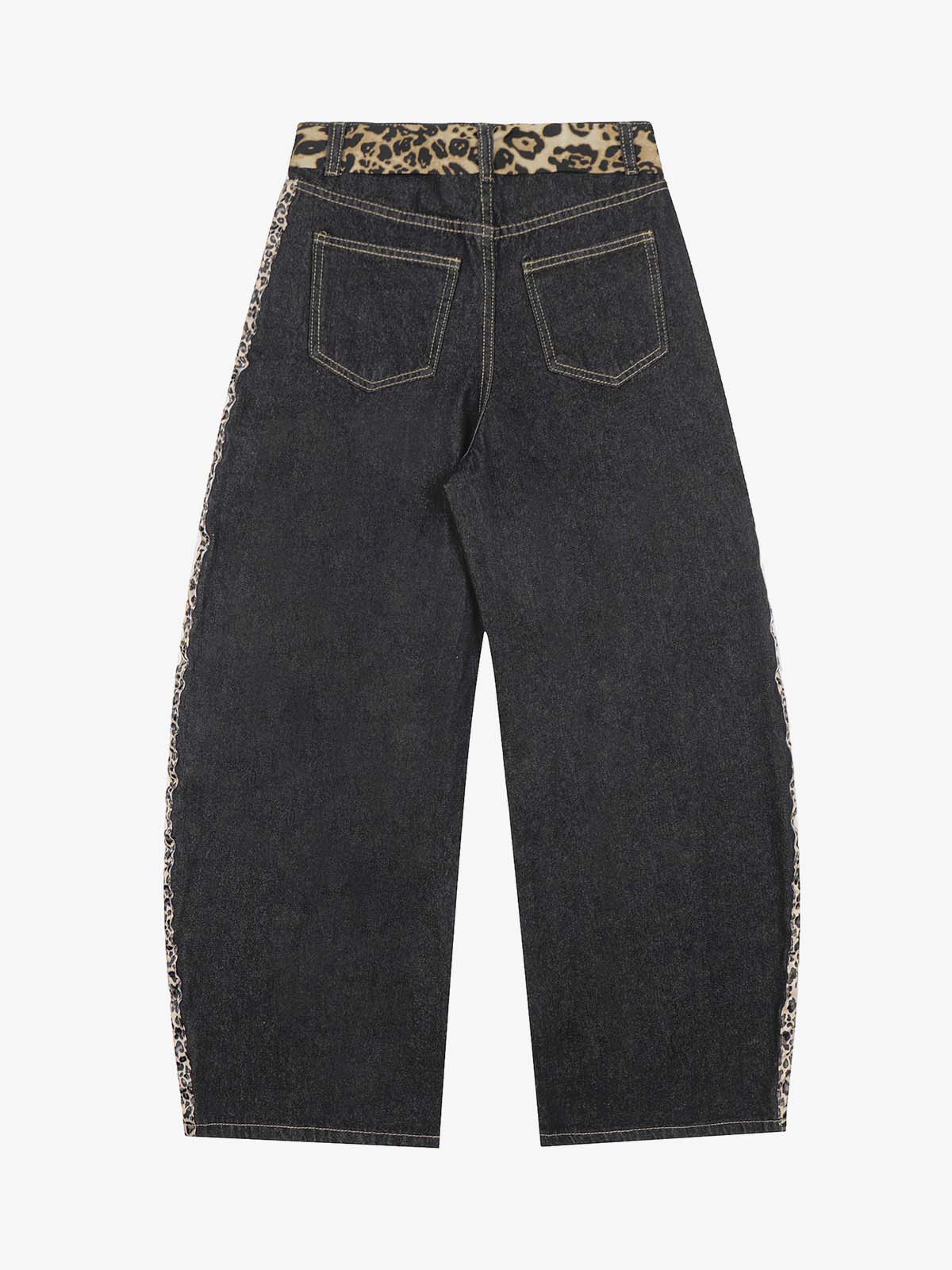 Denim Leopard Print Wide Leg Trousers with Belted Waist and Side Stripes 