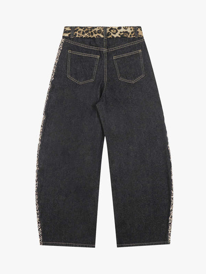 Denim Leopard Print Wide Leg Trousers with Belted Waist and Side Stripes 