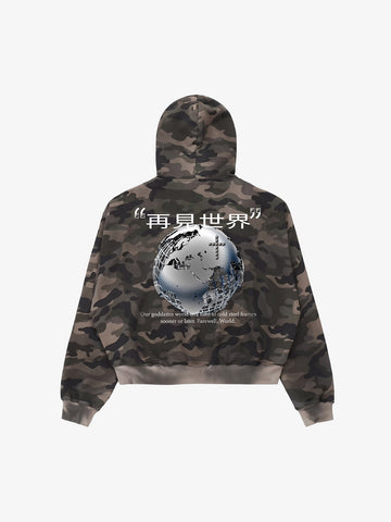"Goodbye World" Earth Print Studded Hoodie