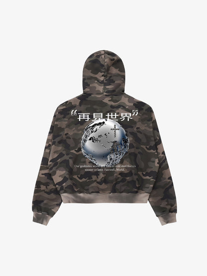 "Goodbye World" Earth Print Studded Hoodie