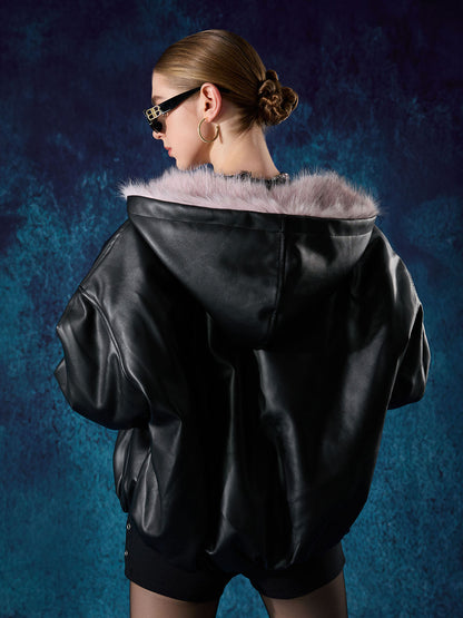 Leather Pink Fur Hooded Quilted Jacket - 2535 