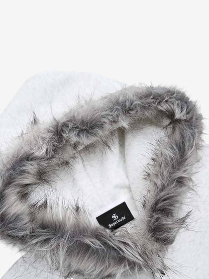 Letter Medal Embroidered Cardigan Fur Collar Zip Up Hoodie- 2502 