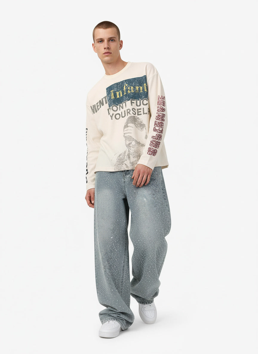 Waffle Knit Graphic Print Crewneck Sweatshirt - 2496 
