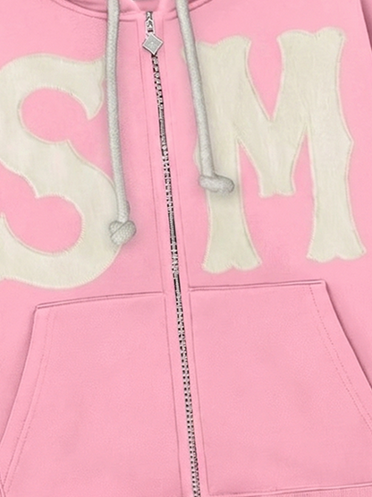 Letter Flocked Hooded Cardigan Sweatshirt