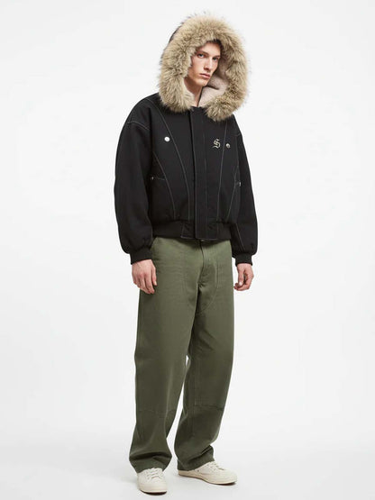 Faux Fur Lined Zip Up Hooded Bomber Jacket 