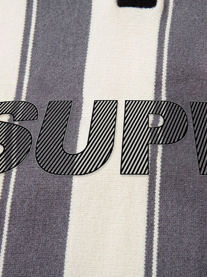 Retro Striped Polo Collar Sports Jersey Knit Sweater 