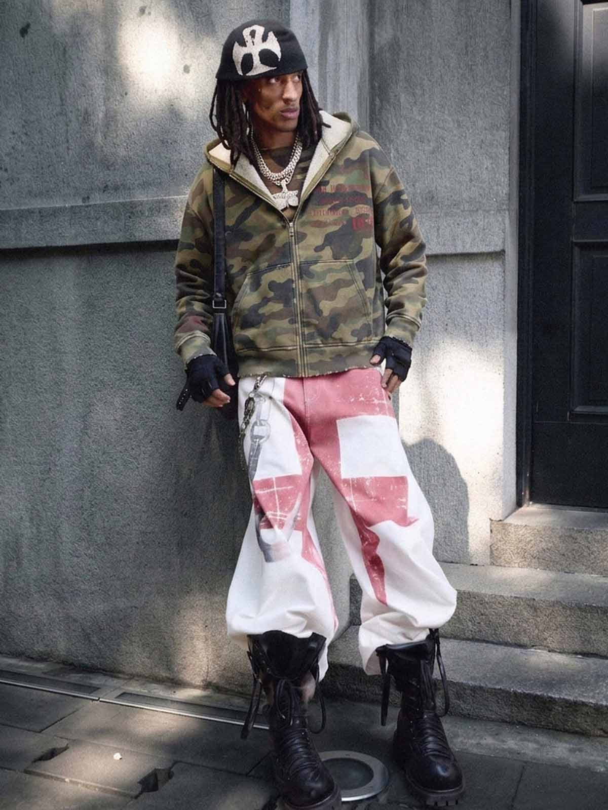 Camo Letter Graphic Distressed Zip-Up Hoodie