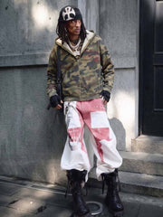 Camo Letter Graphic Distressed Zip-Up Hoodie