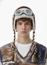 Colorblock Crochet Goggles Trapper Hat; Khaki / ONE SIZE