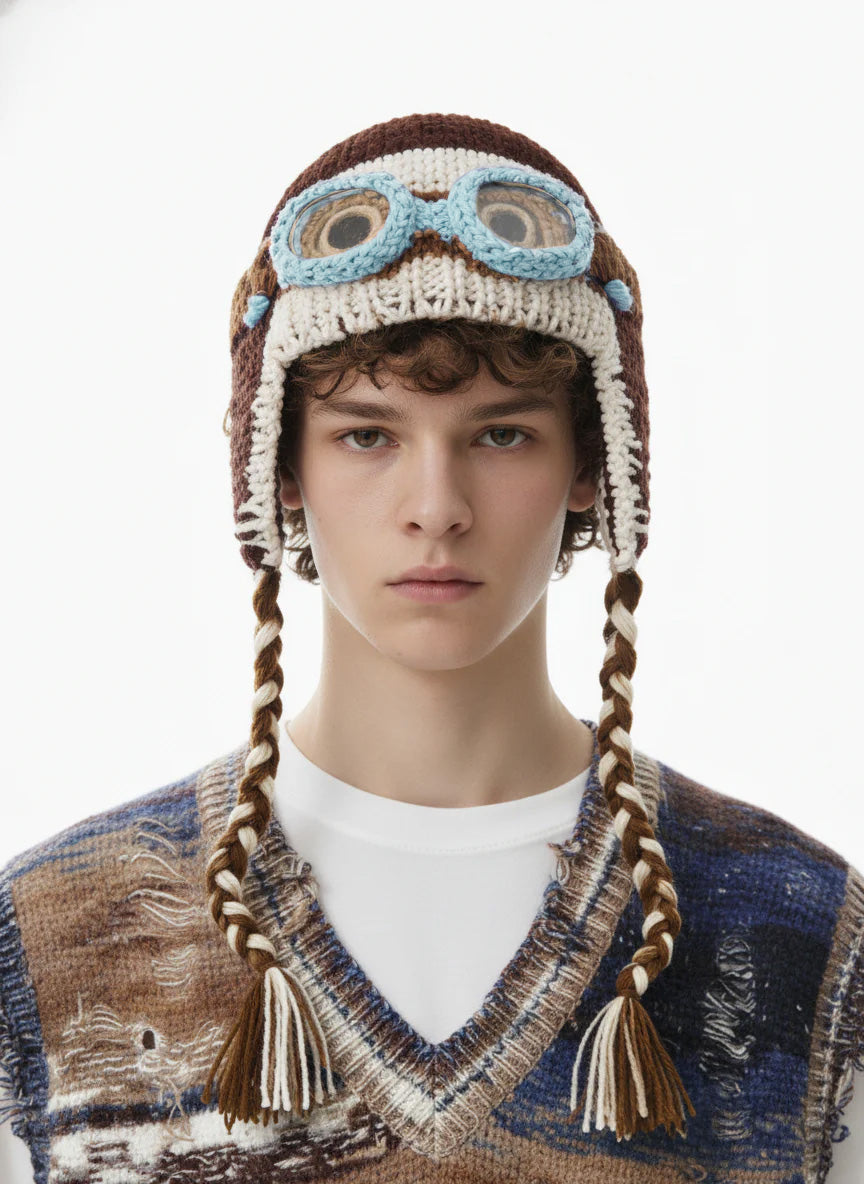 Colorblock Crochet Goggles Trapper Hat 