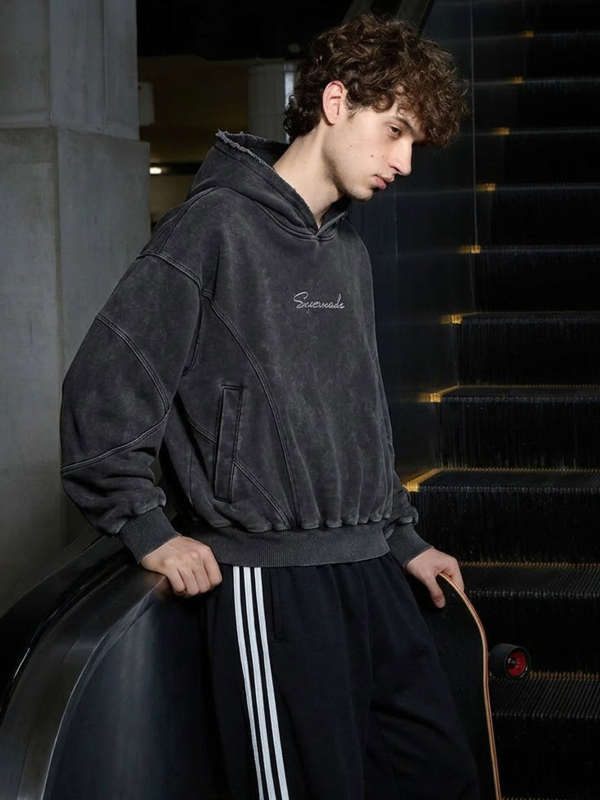 Washed Panel-Constructed Embroidered Pullover Hoodie