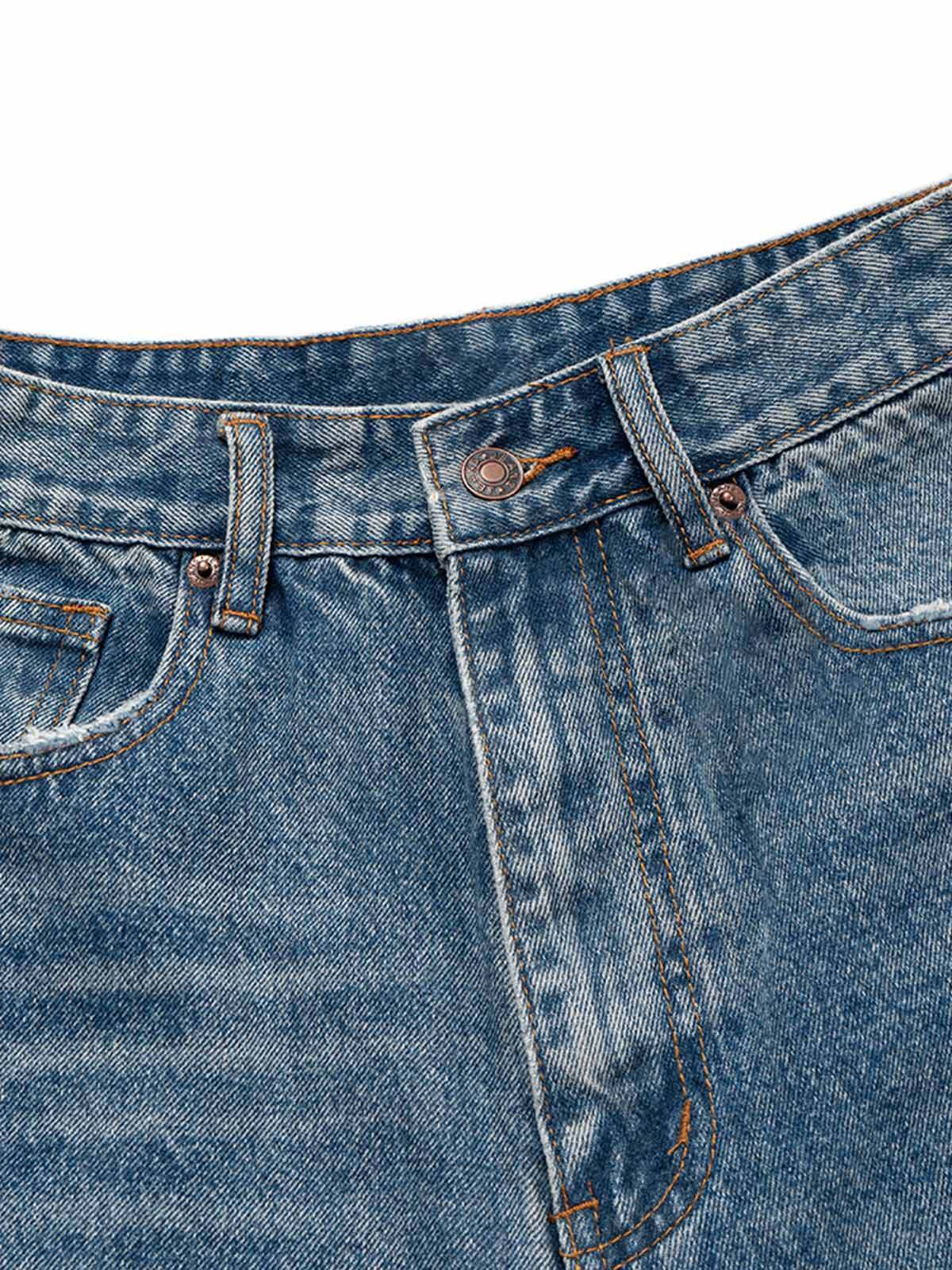 Distressed Washed Whisker Pleated Barrel Jeans 