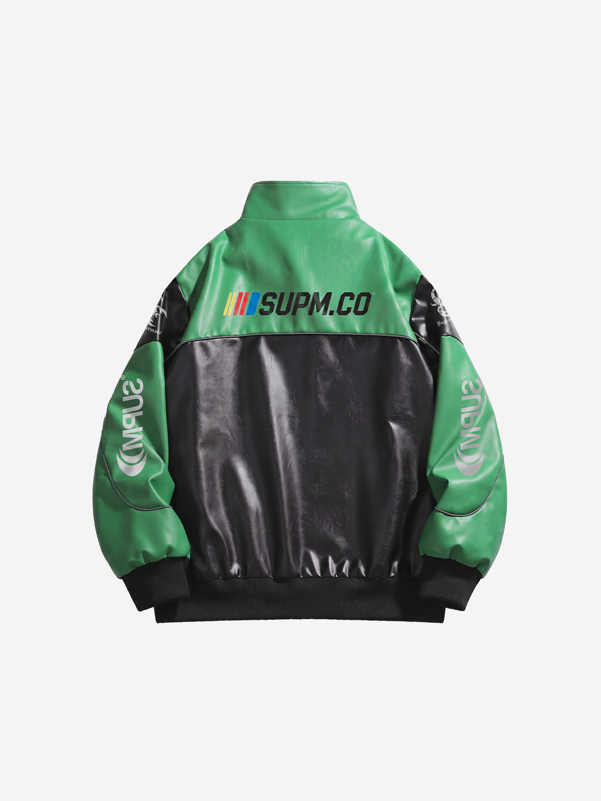 Asymmetric Racing Graphic Color Block Faux Leather Jacket