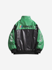 Asymmetric Racing Graphic Color Block Faux Leather Jacket