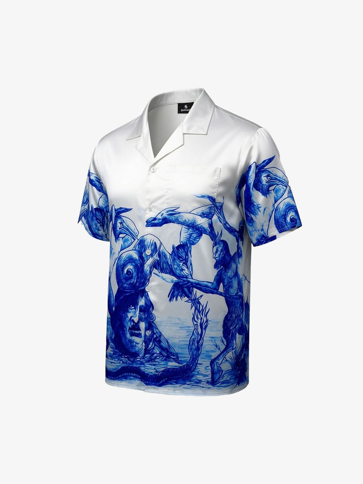 Blue Sketch Mythological Camp Collar Boxy Shirt 
