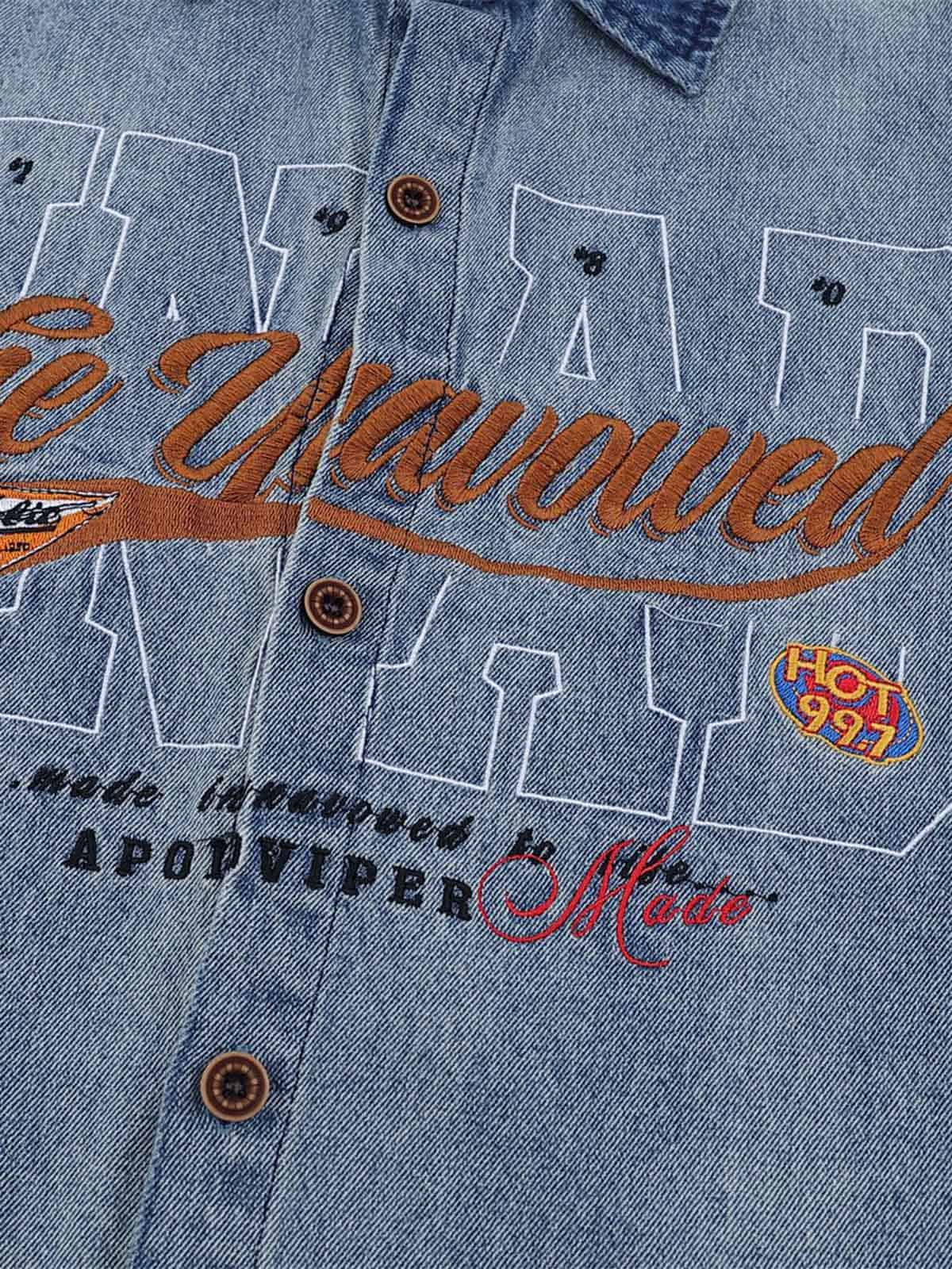 Vintage Letter Embroidery Short Sleeve Denim Shirt