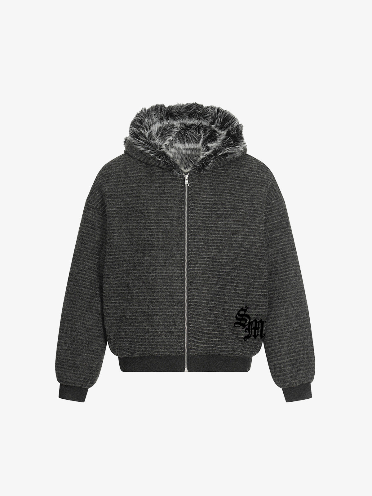 Striped Hooded Jacket with Faux Fur Trim for Winter and Fall 