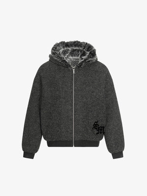 Striped Hooded Jacket with Faux Fur Trim for Winter and Fall 