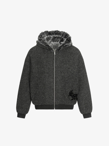 Striped Hooded Jacket with Faux Fur Trim for Winter and Fall 