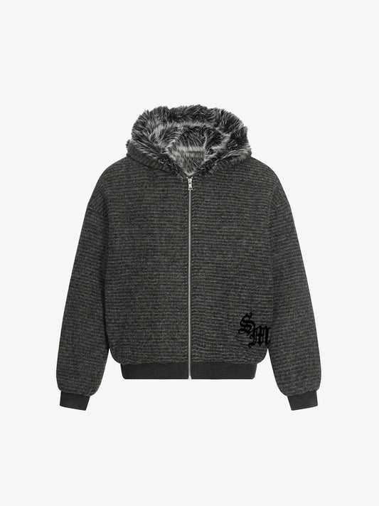 Striped Hooded Jacket with Faux Fur Trim for Winter and Fall 