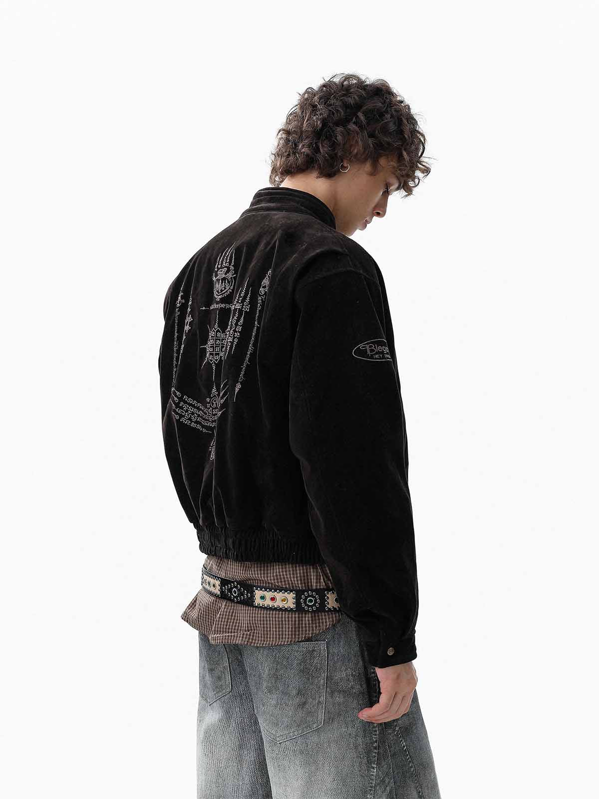 Vintage Suede Embroidered Toggle-Buckle Stand Collar Down Jacket 