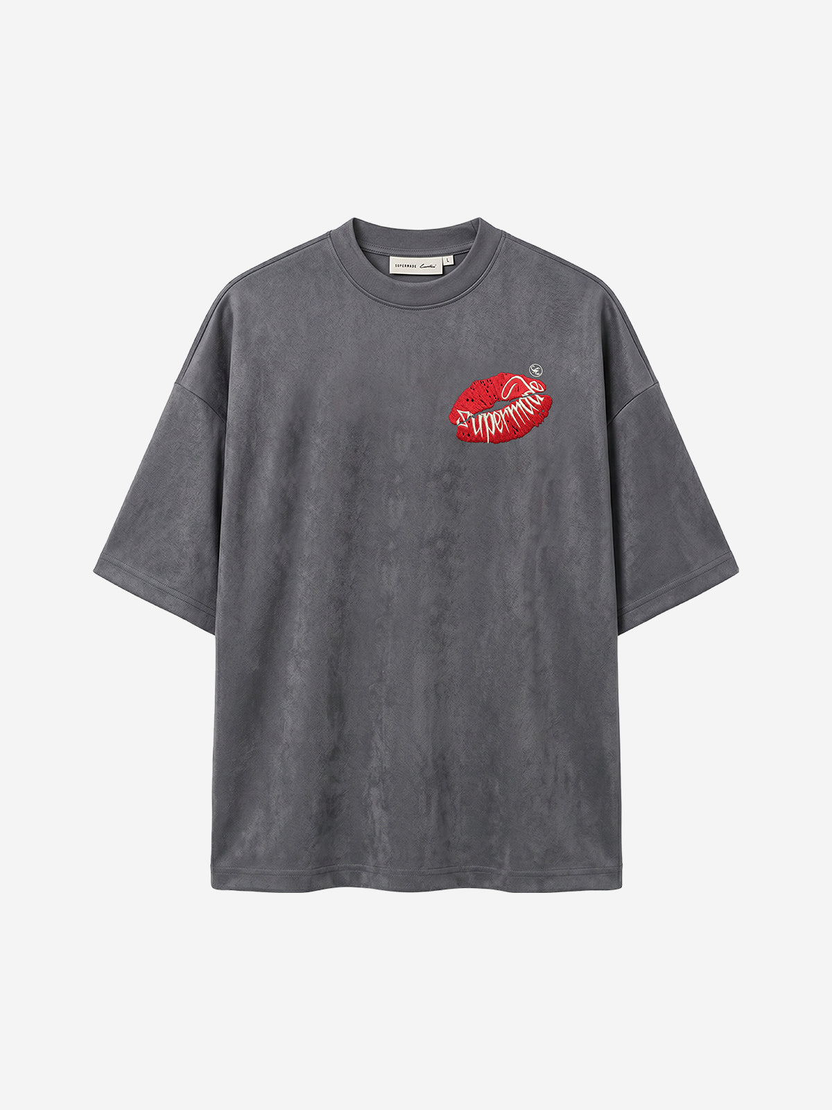赤い唇の刺繍入りスエードTシャツ