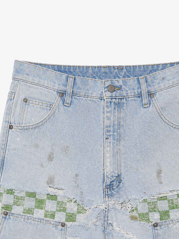 Checkerboard Knee-Ripped Distressed Wide-Leg Jeans