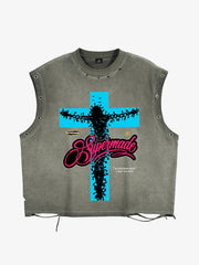 Crucifixion Graphic Studded Distressed Tank Top