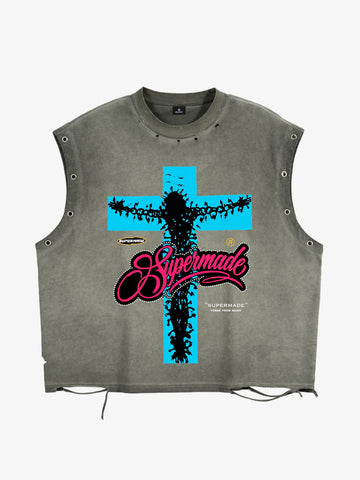 Crucifixion Graphic Studded Distressed Tank Top