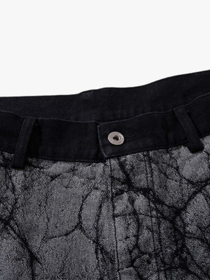 Cotton Blend Wide Leg Pants with Cracked Print and Black Panel Details 