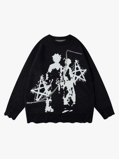 Oversized Graphic Sweater with Chain Detail - Perfect for Casual and Trendy Looks 