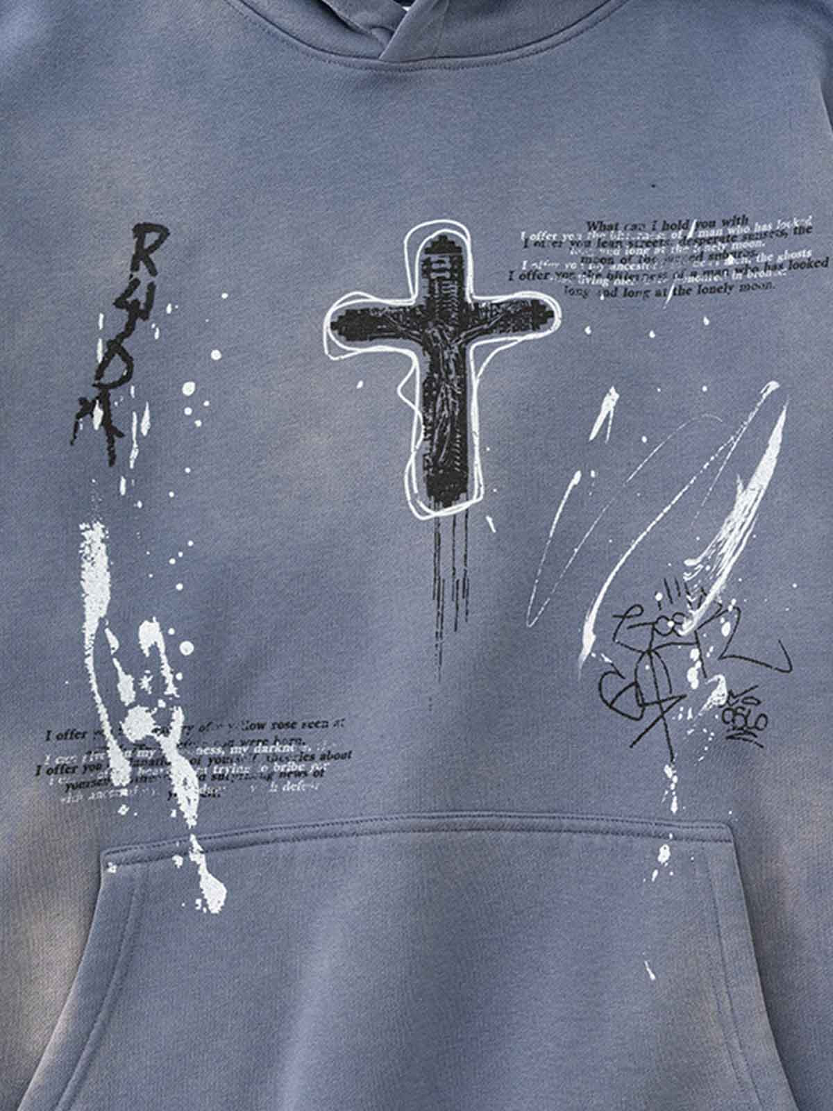 Vintage Dirty Wash Cross Graphic Hoodie 