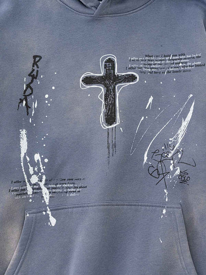 Vintage Dirty Wash Cross Graphic Hoodie 