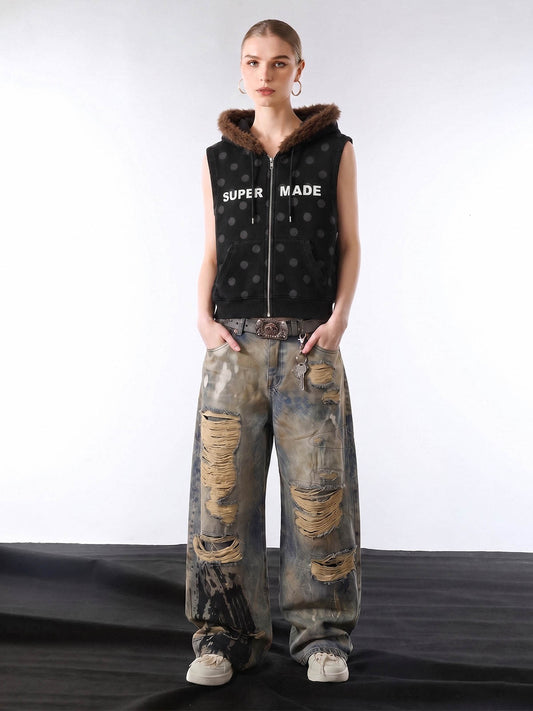 Faux Mink Fur Polka Dot Zip-up Hooded Vest